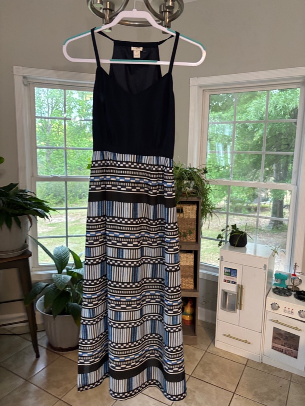J. Crew Black & Light Blue Patterned Maxi Dress